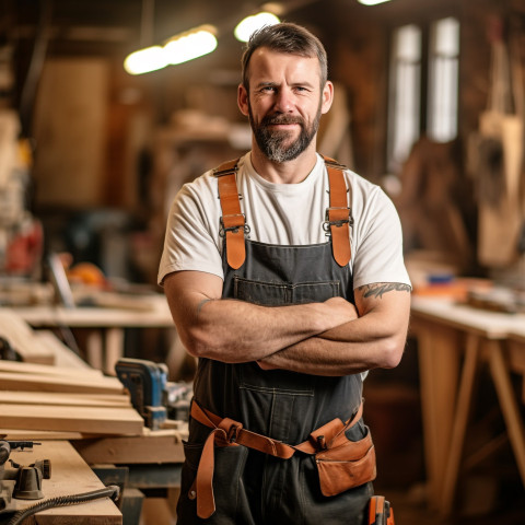 Skilled carpenter working with confidence on blured background