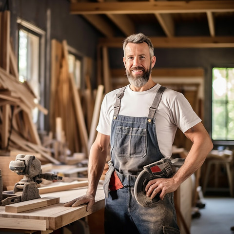 Skilled carpenter working with confidence on blured background