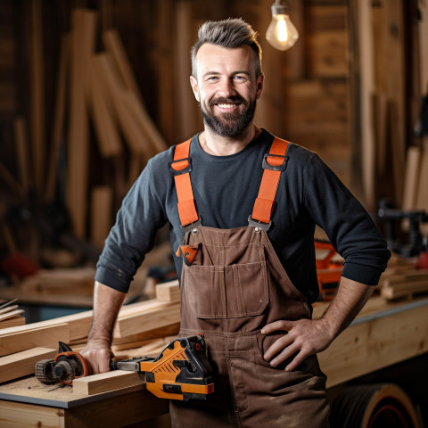 Skilled carpenter working with confidence on blured background