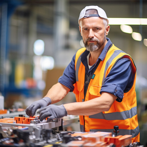 Confident factory worker on assembly line on blured background