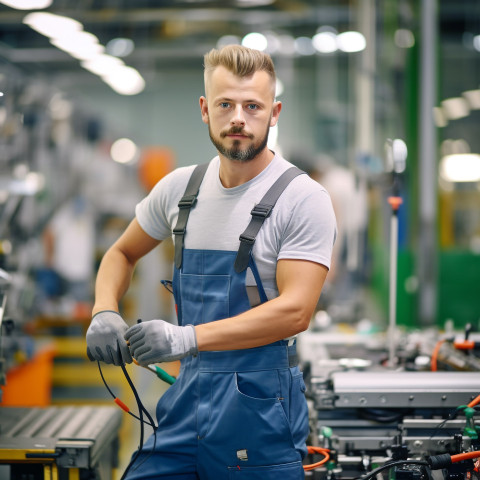 Confident factory worker on assembly line on blured background