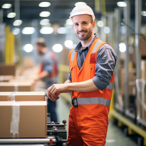 Confident factory worker on assembly line on blured background