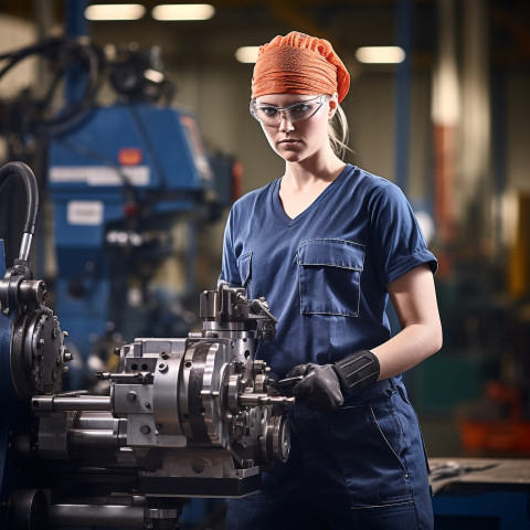 Female machinist operating machine with blurred background