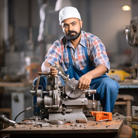 Indian tool and die maker working confidently on blurred background