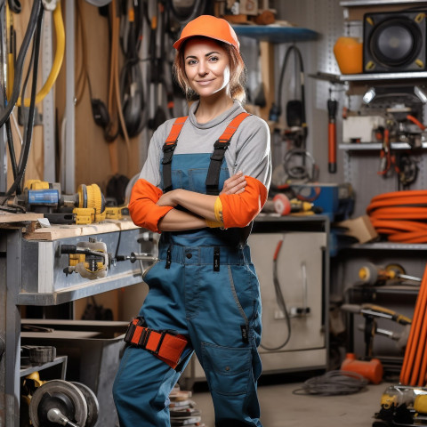 Female plumber confidently working on blurred background