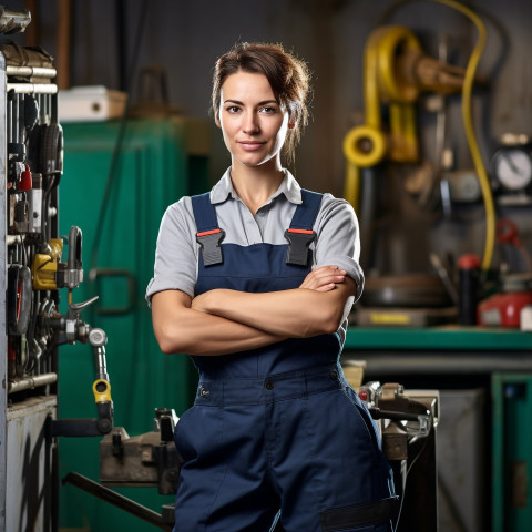 Female plumber confidently working on blurred background