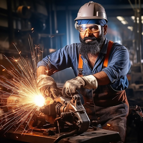 Confident Indian male welder working on blurred background