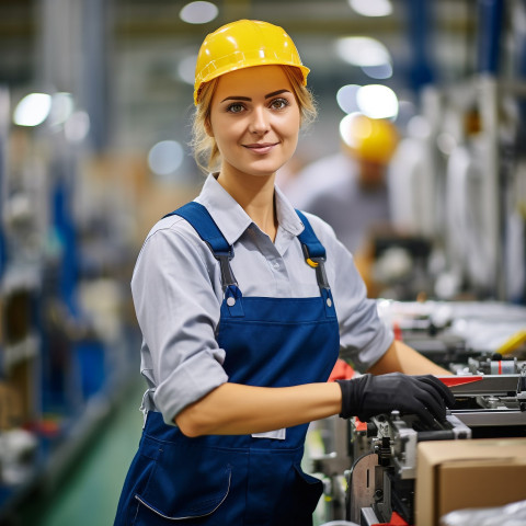 Woman assembly worker working on blurred background