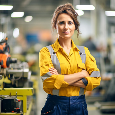 Woman assembly worker working on blurred background