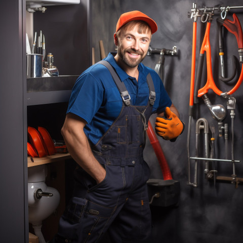 Plumber working confidently with blurred background