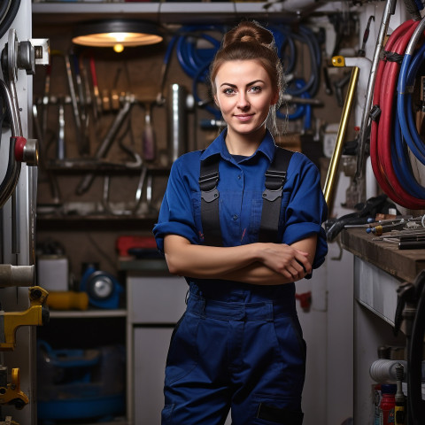 Female plumber confidently working on blurred background