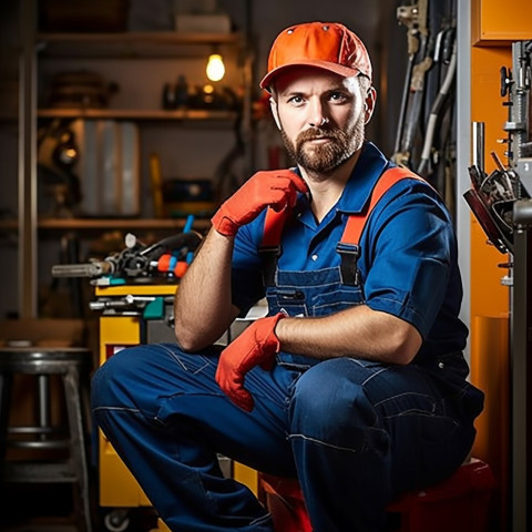 Plumber working confidently with blurred background