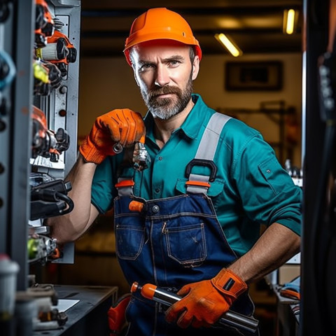 Plumber working confidently with blurred background