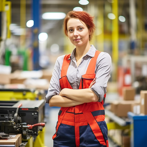 Woman assembly worker working on blurred background