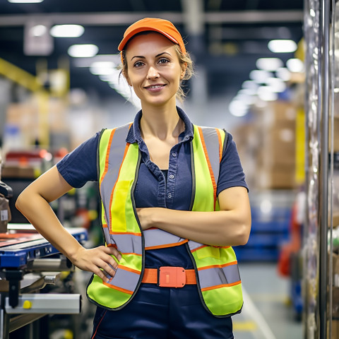 Woman assembly worker working on blurred background