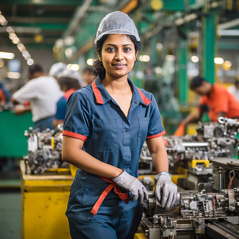 Indian woman assembly worker confidently working on blurred background