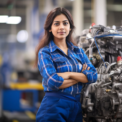 Indian woman assembly worker confidently working on blurred background