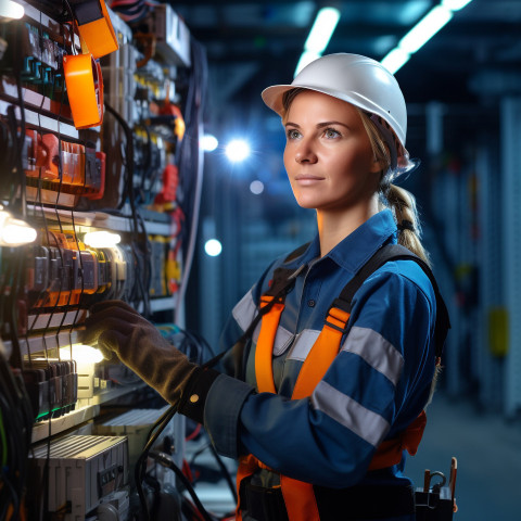 Female electrician working confidently on blurred background