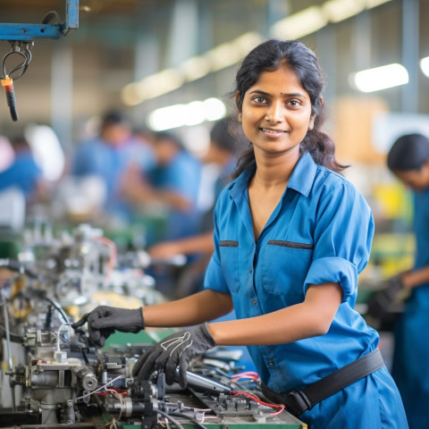 Indian woman assembly worker confidently working on blurred background