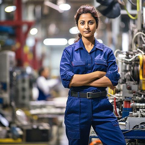 Indian woman assembly worker confidently working on blurred background