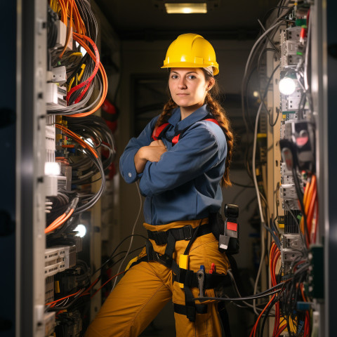 Female electrician working confidently on blurred background