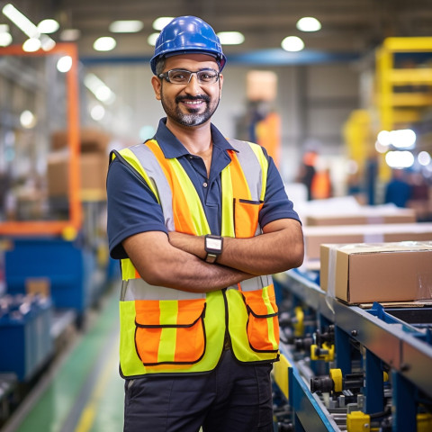 Indian man works on factory assembly line on blurred background