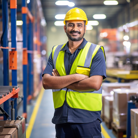 Indian man works on factory assembly line on blurred background