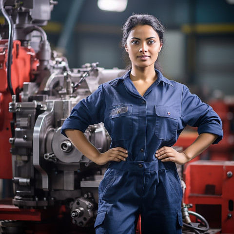 Confident Indian woman machinist working in a blurred background