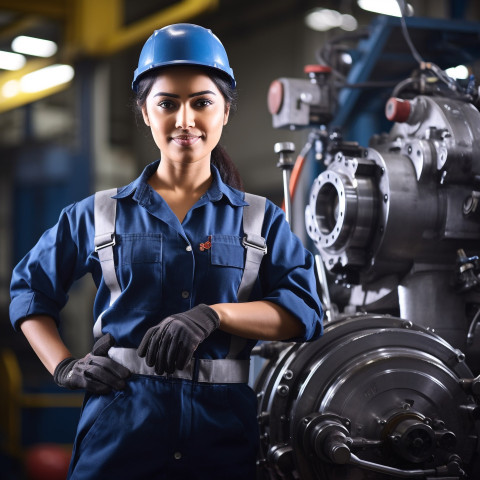 Confident Indian woman machinist working in a blurred background