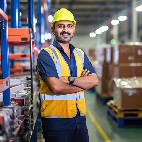 Indian man works on factory assembly line on blurred background