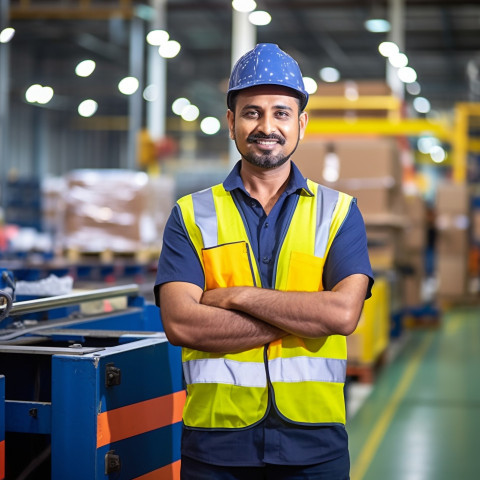 Indian man works on factory assembly line on blurred background