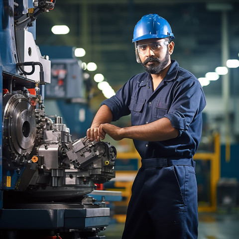 Indian machinist working confidently on blurred background