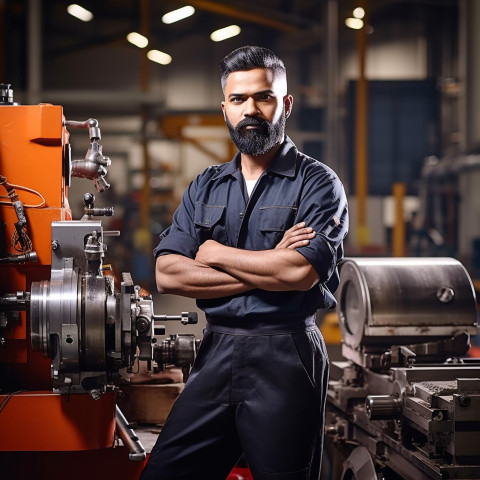 Indian machinist working confidently on blurred background