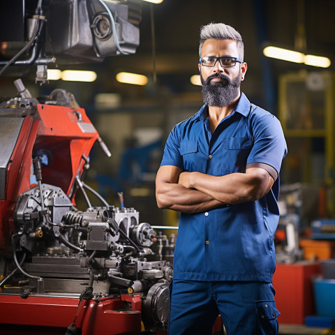 Indian machinist working confidently on blurred background