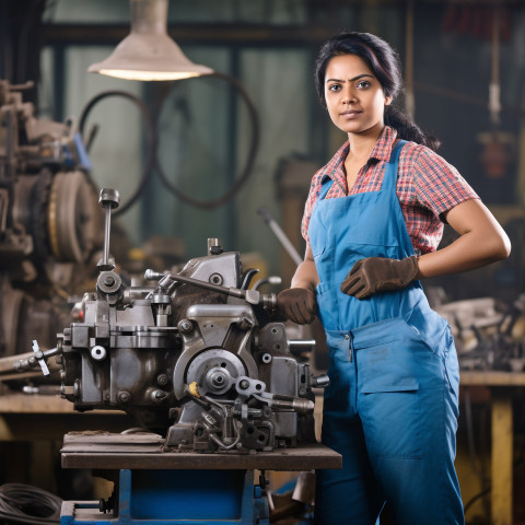 Indian female tool and die maker at work on blurred background