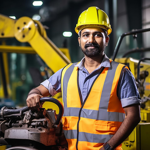 Indian male machine operator working confidently on blurred background