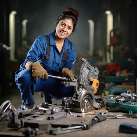 Indian female tool and die maker at work on blurred background