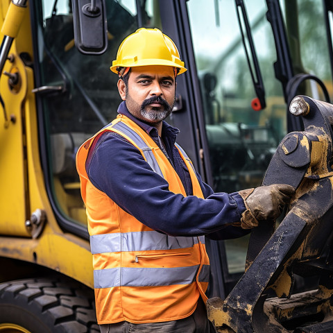 Indian male machine operator working confidently on blurred background