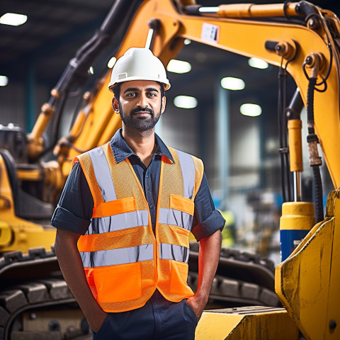 Indian male machine operator working confidently on blurred background