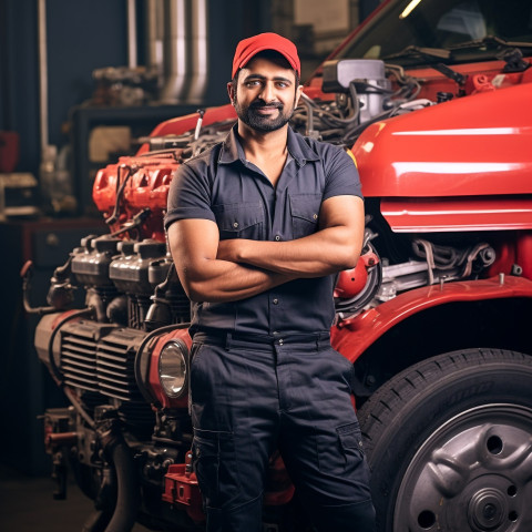 Indian male mechanic working with confidence on a blurred background