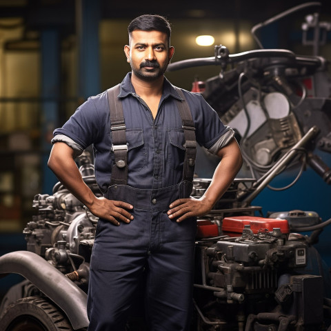 Indian male mechanic working with confidence on a blurred background