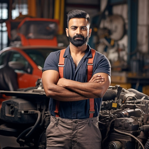 Indian male mechanic working with confidence on a blurred background