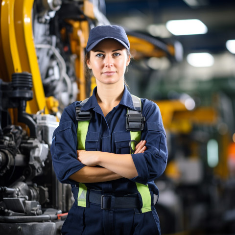 Female industrial worker operating machine on blurred background