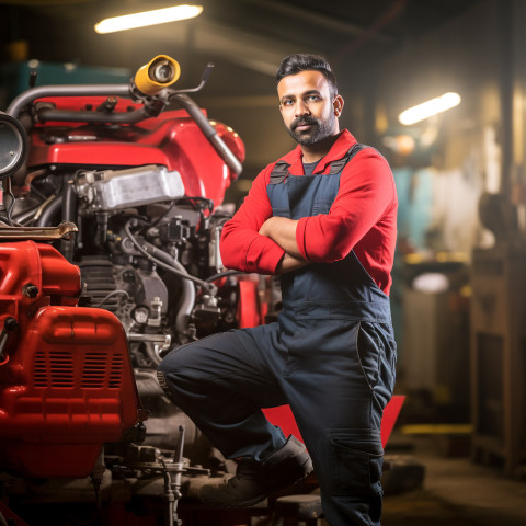 Indian male mechanic working with confidence on a blurred background