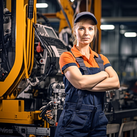 Female industrial worker operating machine on blurred background