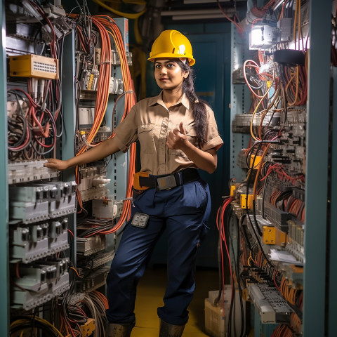 Indian female electrician working on blurred background