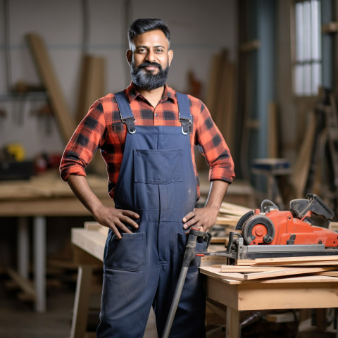 Indian carpenter working confidently on background blurred