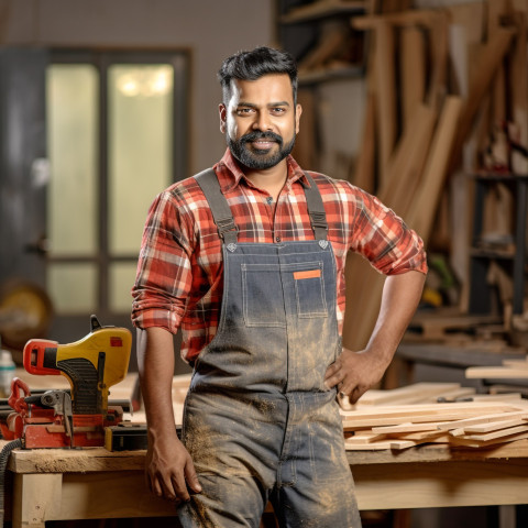 Indian carpenter working confidently on background blurred