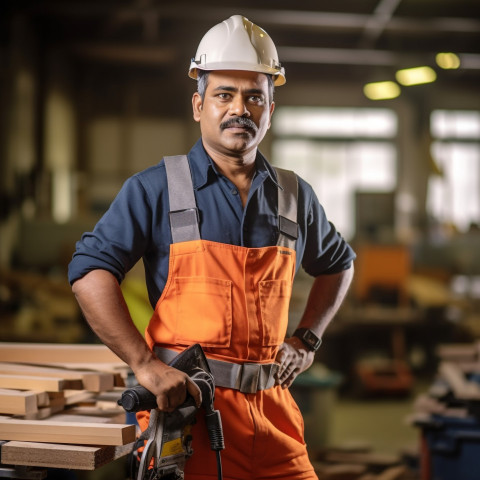 Indian carpenter working confidently on background blurred