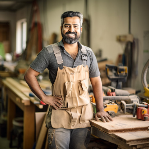 Indian carpenter working confidently on background blurred